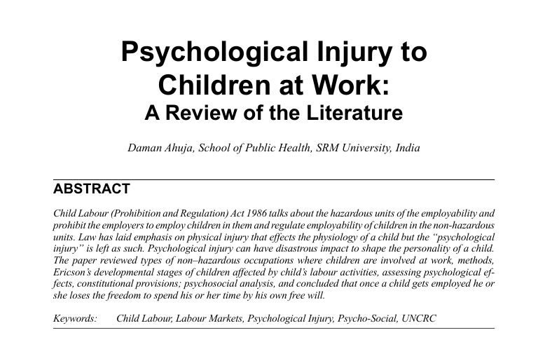 Psychological Injury to Children at Work